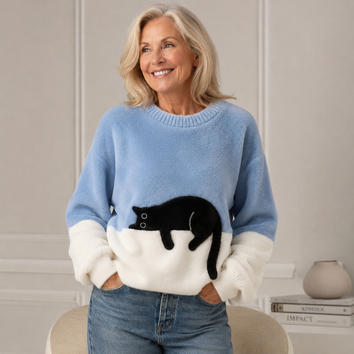 Belinda - Oversized trøje med katte-motiv