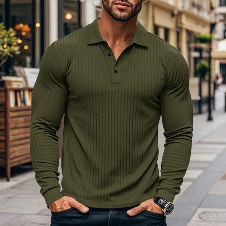 Langærmet herre-poloshirt i ribstrik med knapstolpe
