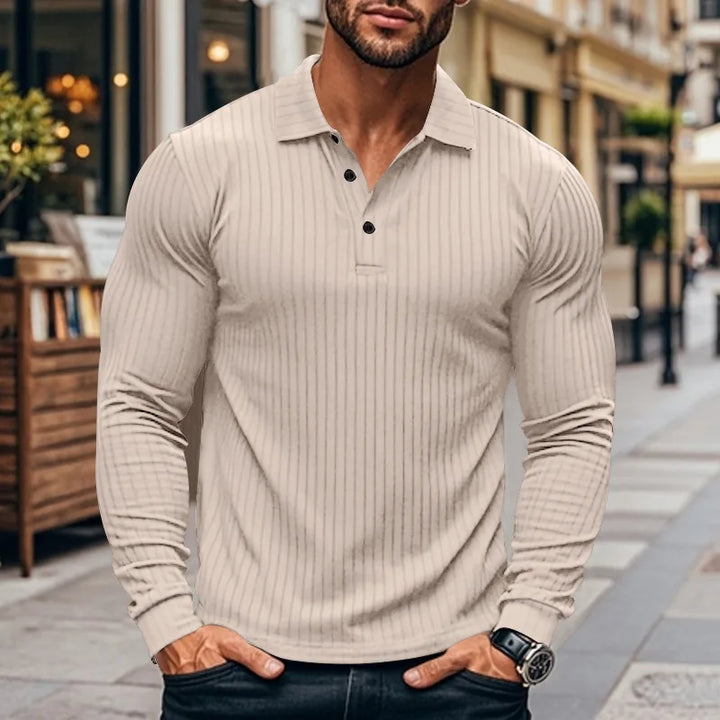 Langærmet herre-poloshirt i ribstrik med knapstolpe