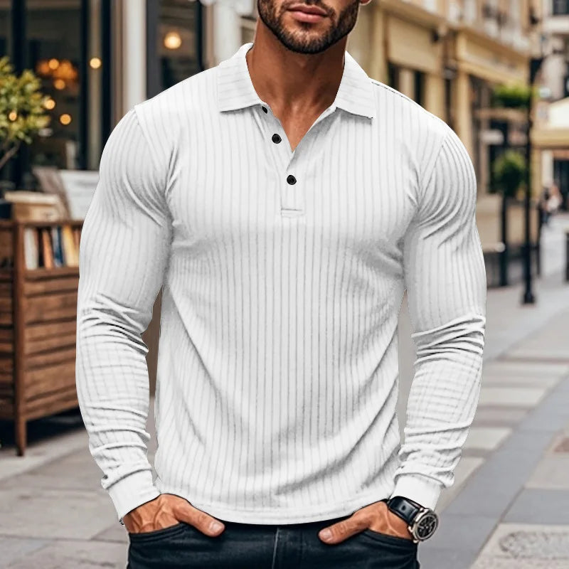 Langærmet herre-poloshirt i ribstrik med knapstolpe